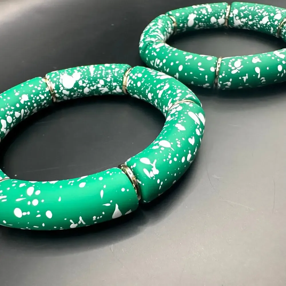 Green Tube Stretch Bracelet Set of 2 Bracelets Splatter Modern White Lot Casual